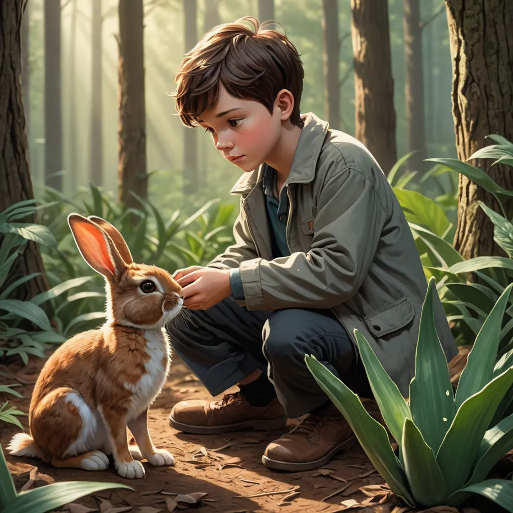 a boy kneeling down next to a rabbit in the woods with a forest background and trees in the background, magic realism, a storybook illustration, Aaron Jasinski, official art
