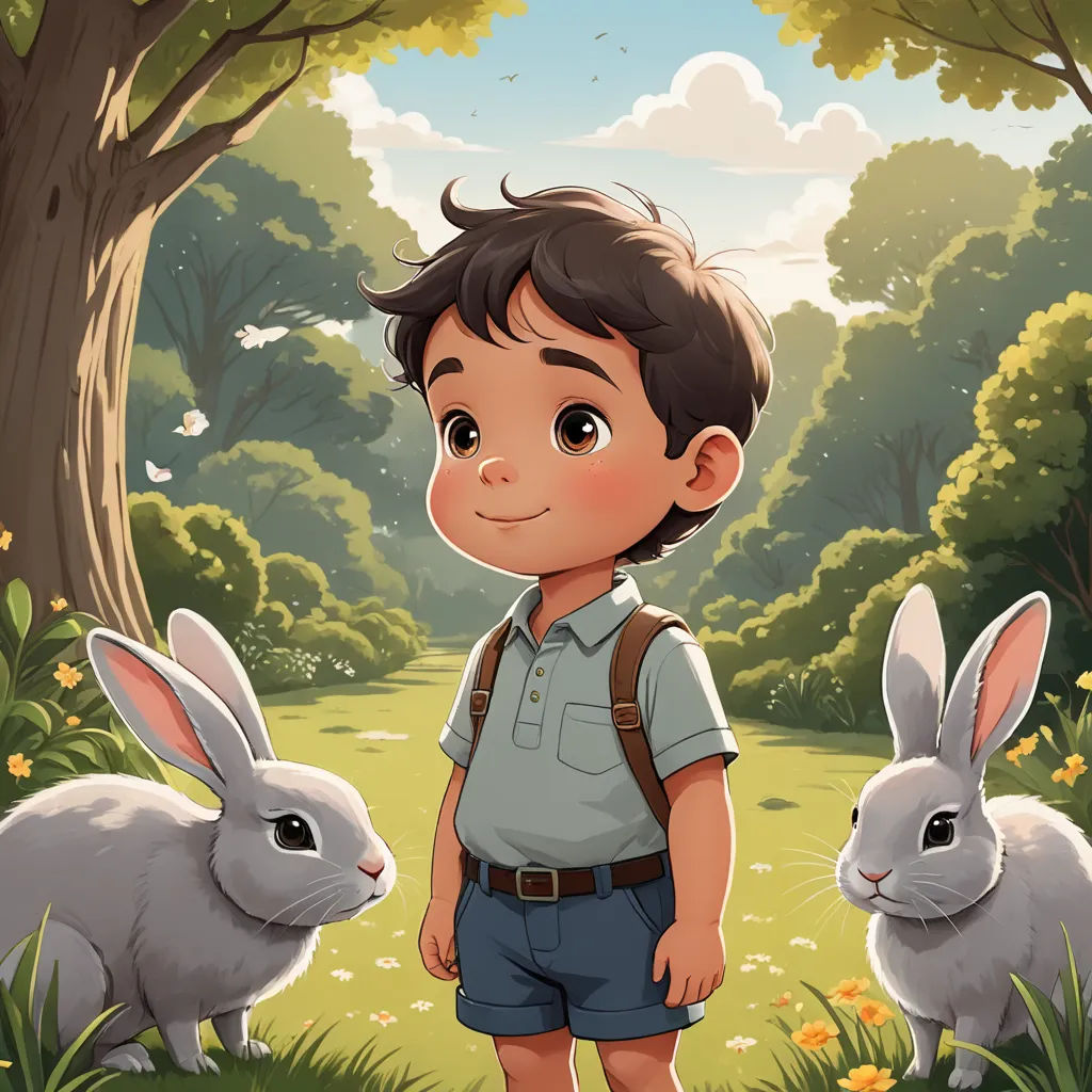 a boy standing in the grass with two rabbits behind him and a forest background with trees and flowers behind him, lyco art, a storybook illustration, Diego Gisbert Llorens, storybook illustration