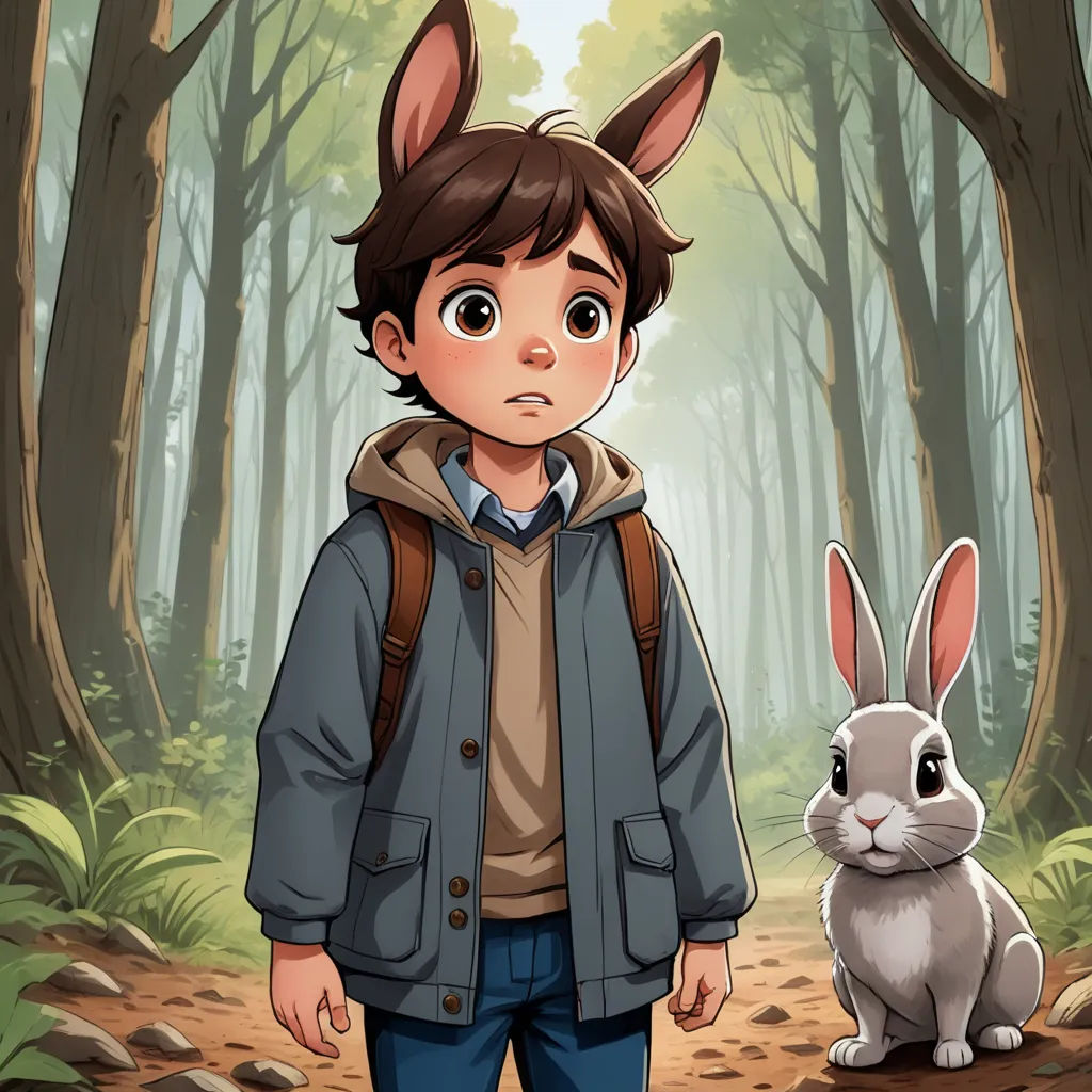 a boy standing in the woods with a rabbit behind him, looking at the camera, with a forest background, furry art, a storybook illustration, Diego Gisbert Llorens, key art