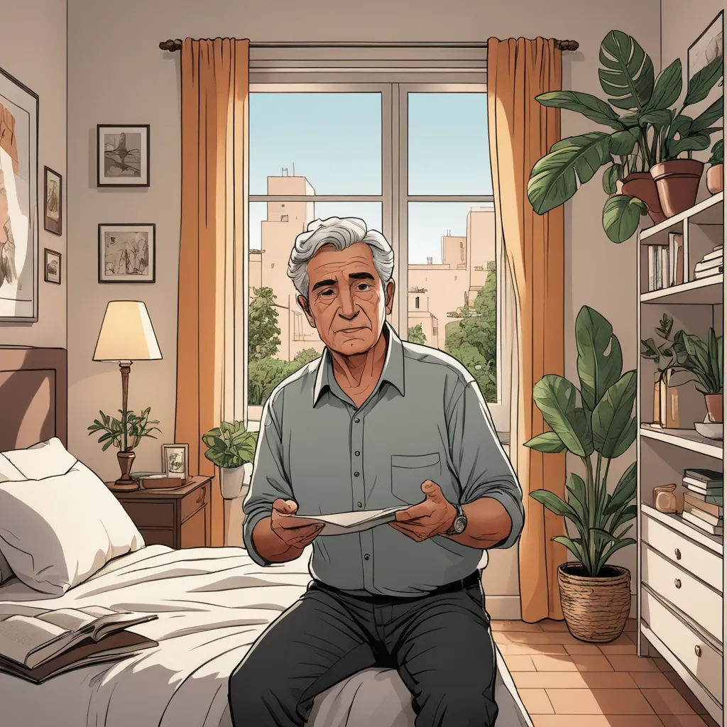 a man sitting on a bed reading a paper in a bedroom with a plant in the corner of the room, les automatistes, a comic book panel, Emiliano Ponzi, promotional image