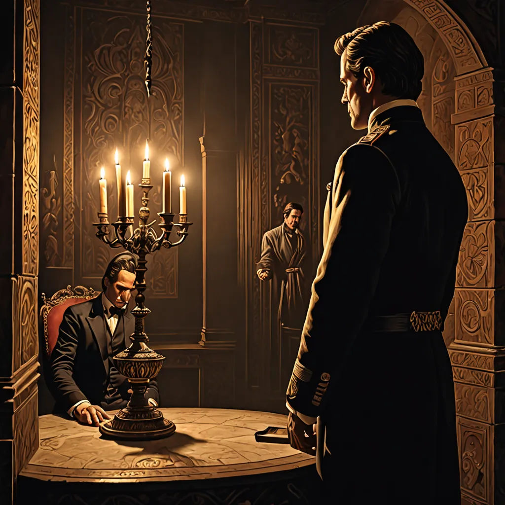 a man sitting at a table with a candle in his hand and a man standing next to him looking at a candle, mannerism, an ultrafine detailed painting, Donato Giancola, oil on canvas. cinematic