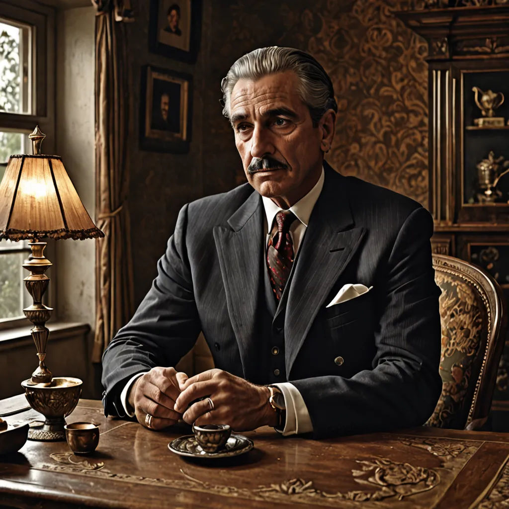 a man in a suit sitting at a table with a lamp on it and a lamp on the side, mannerism, a colorized photo, Don Arday, promotional image