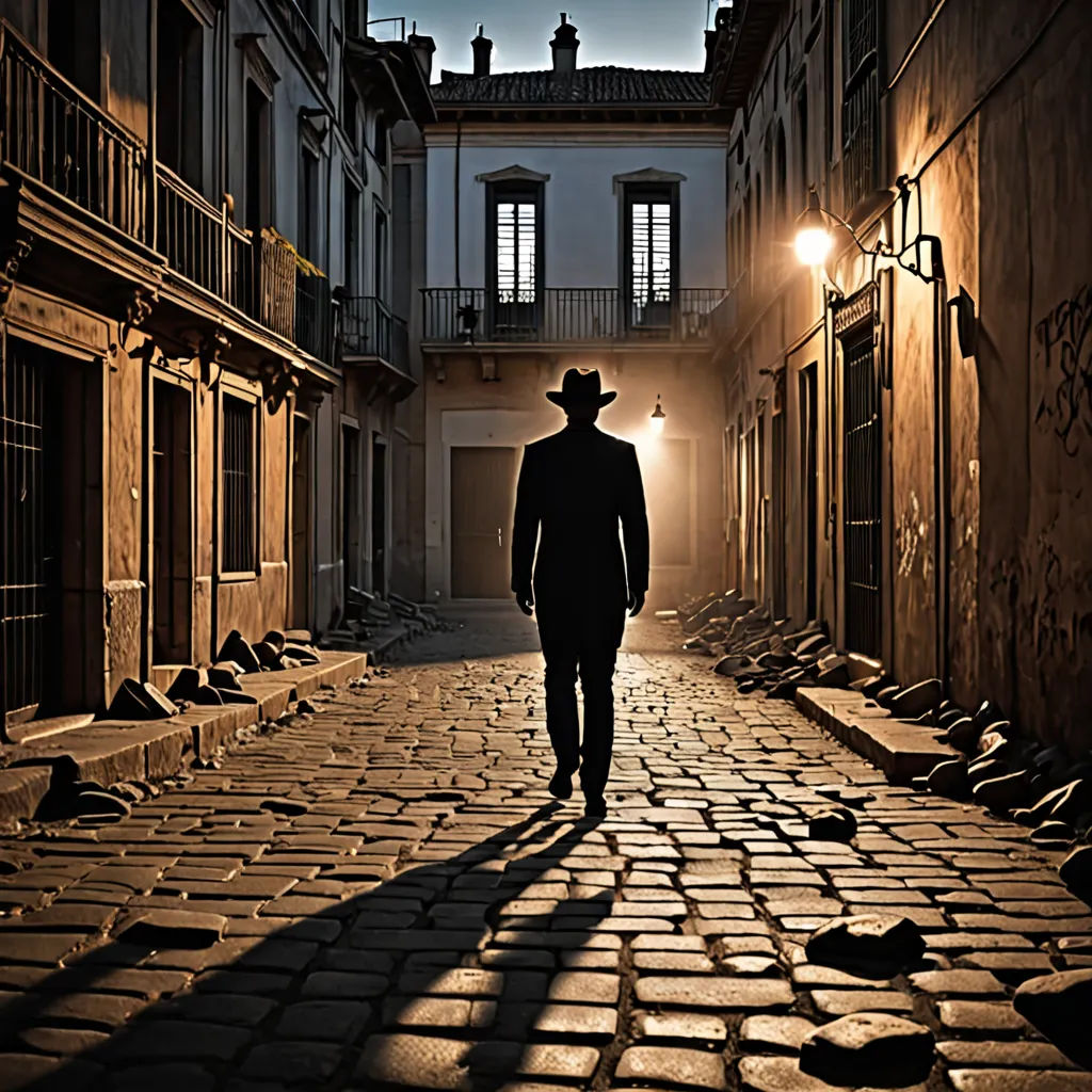 a man in a hat walks down a cobblestone street at night in a city with old buildings, art photography, a matte painting, Dirk Crabeth, cinematic photography