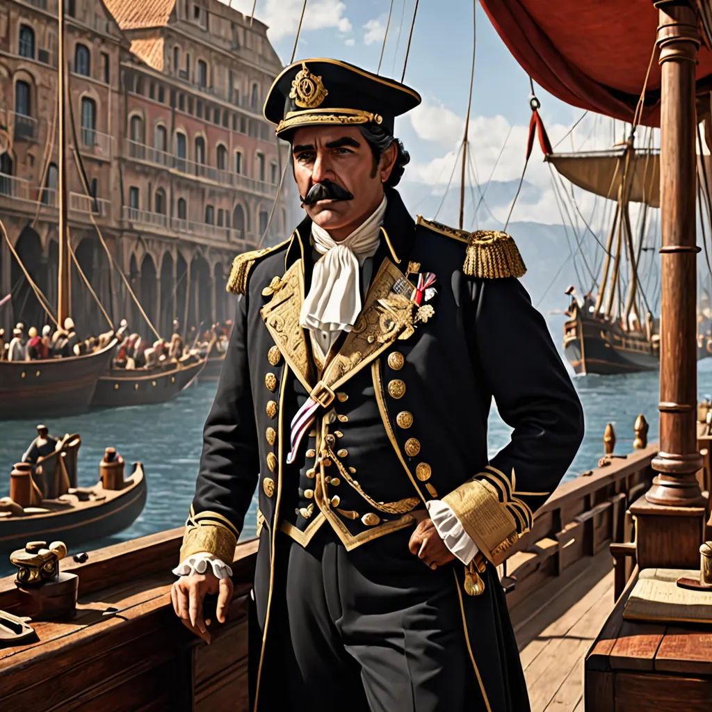 a man in a military uniform standing on a boat in a harbor with a crowd of people in the background, classical realism, a detailed matte painting, Cristache Gheorghiu, promotional image
