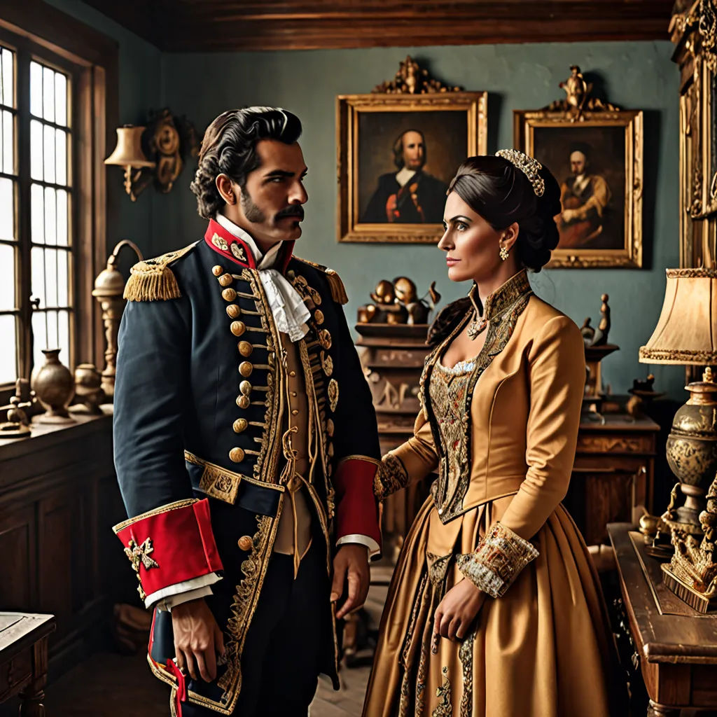 a man and woman dressed in period clothing in a room with paintings on the wall and a lamp on the table, qajar art, a poster, Araceli Gilbert, promotional image
