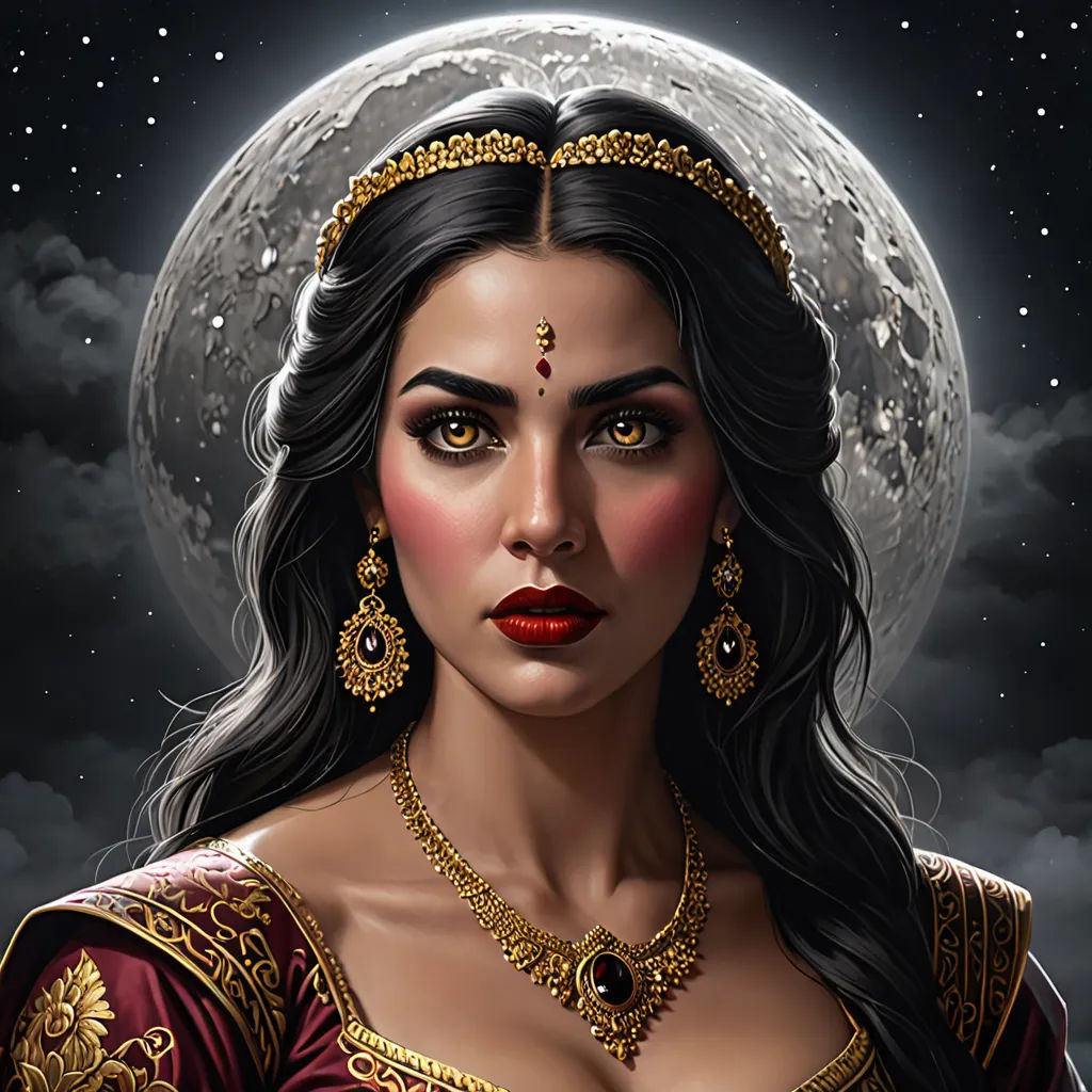 a woman in a red dress with a moon in the background and a crescent behind her head, with a crescent in the sky, fantasy art, a detailed painting, Anne Stokes, highly detailed digital painting