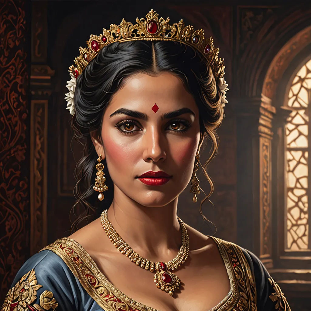 a painting of a woman wearing a tiara and jewelry in a room with a window and a stained glass, fantasy art, a detailed painting, Chris Rallis, highly detailed digital painting