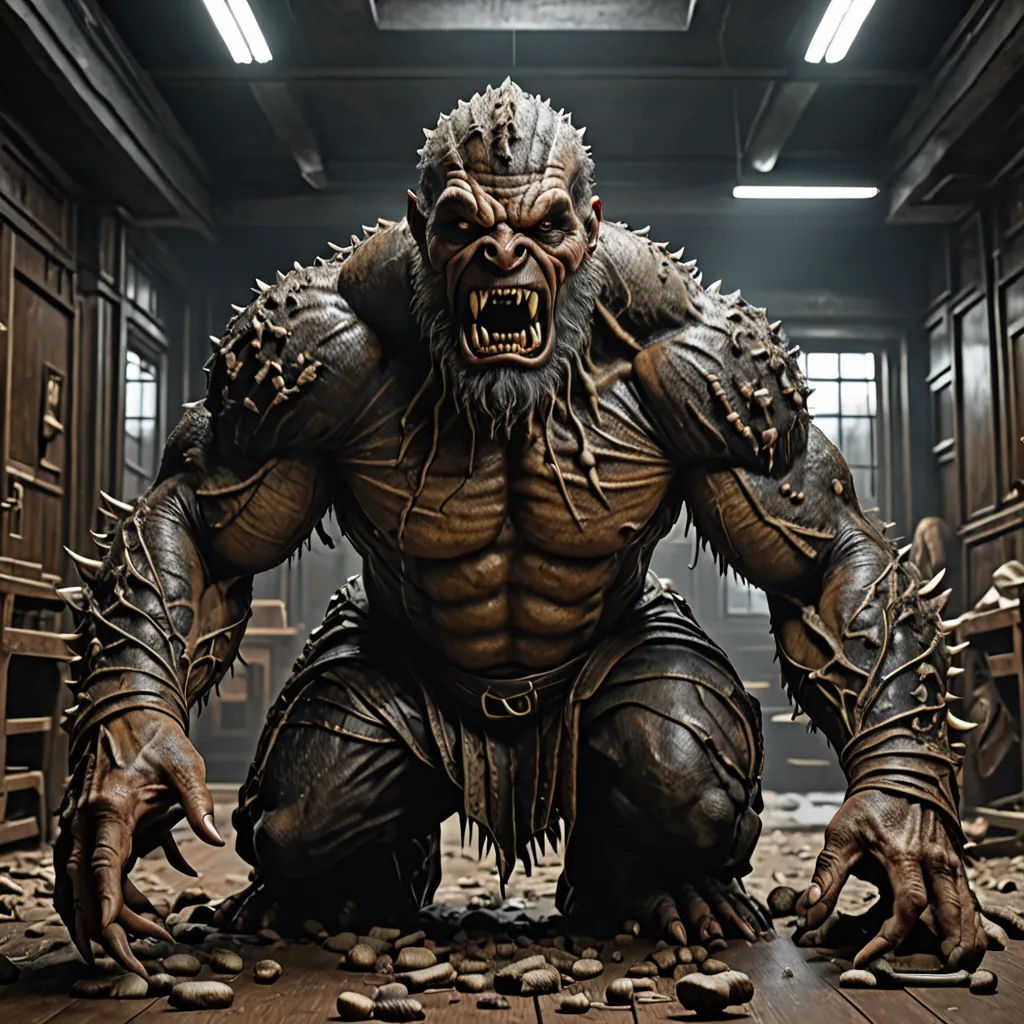 a giant creature with a huge mouth and huge teeth in a room with a lot of windows and a wooden floor, shock art, a character portrait, Clint Cearley, weta digital