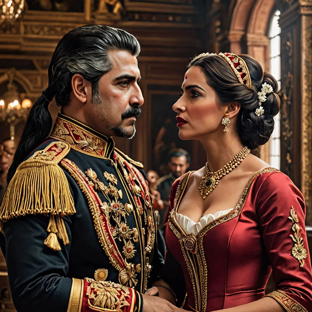 a man and a woman in renaissance costumes standing together in a palace setting with a crowd of people in the background, qajar art, a poster, Altoon Sultan, promotional image