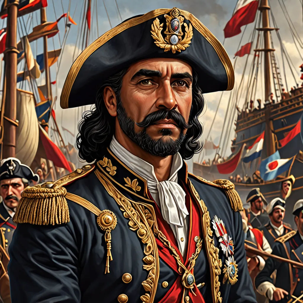 a painting of a man in a pirate costume standing in front of a ship with other men in uniform, qajar art, a character portrait, Alejandro Burdisio, highly detailed portrait