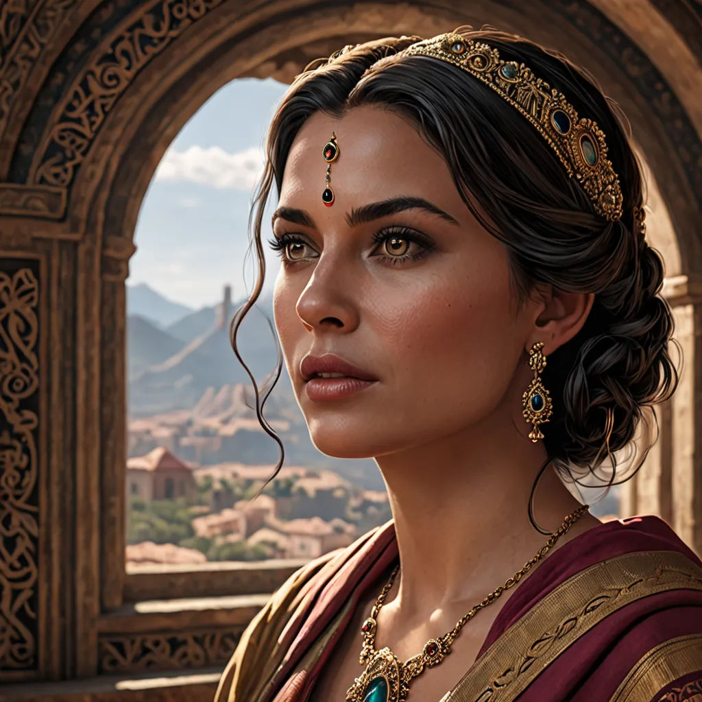 a woman in a red and gold outfit looking out a window at a cityscape and mountains in the distance, photorealism, computer graphics, Cedric Peyravernay, 8k photorealistic
