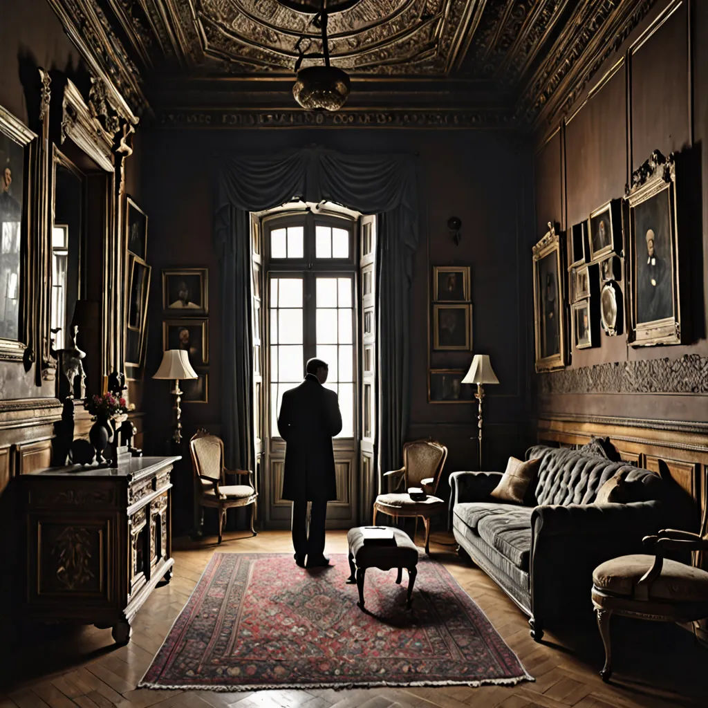 a man standing in a room with a rug on the floor and a couch in front of a window, mannerism, a matte painting, Christian W. Staudinger, promotional image