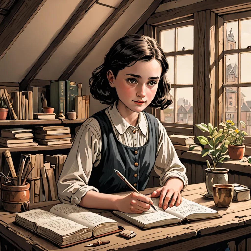 a painting of a girl writing on a desk in a room with a window and books on the table, fantasy art, a storybook illustration, Diego Gisbert Llorens, storybook illustration