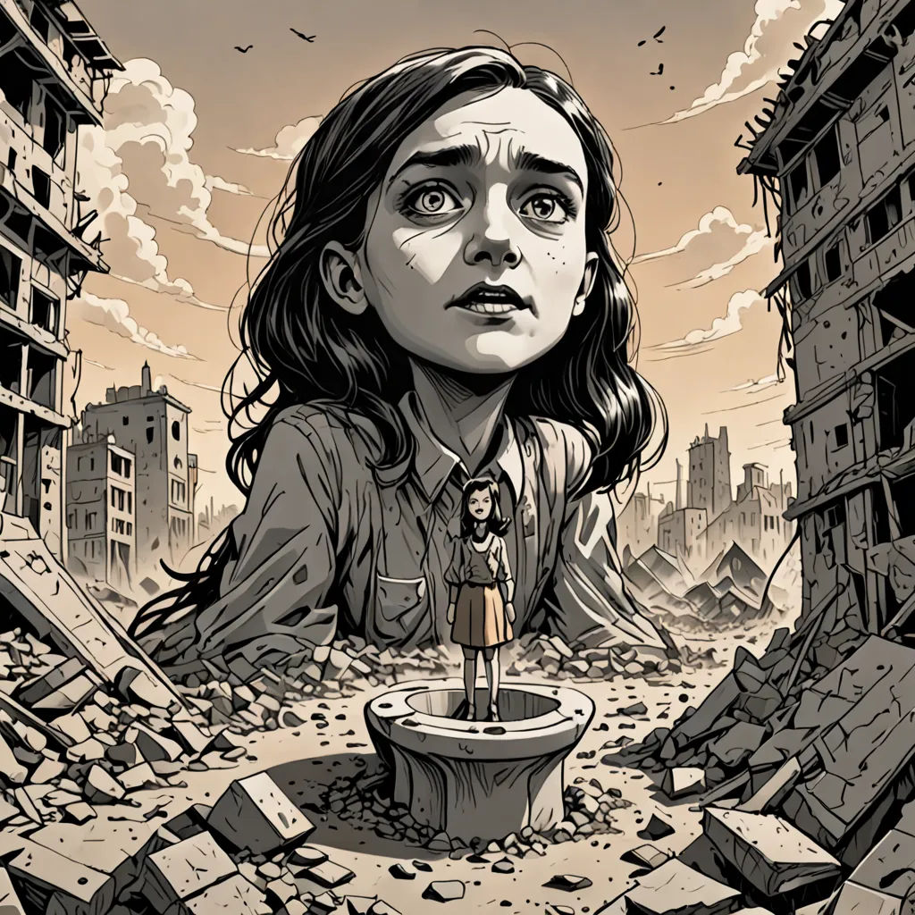 a woman standing in a destroyed city with a bird flying overhead and a bird flying overhead over her head, nuclear art, poster art, Diego Gisbert Llorens, official art