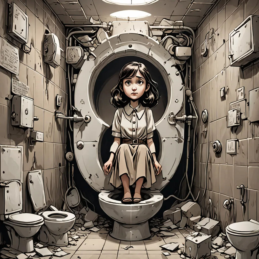 a girl sitting on a toilet in a bathroom with a hole in the wall and a bunch of broken tiles, private press, a storybook illustration, Alice Prin, yukito kishiro