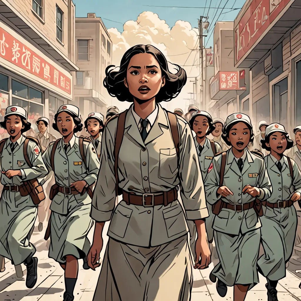 a woman in a uniform walking down a street with other women in uniform behind her and a man in a suit, socialist realism, a comic book panel, Choi Buk, kim jung gi