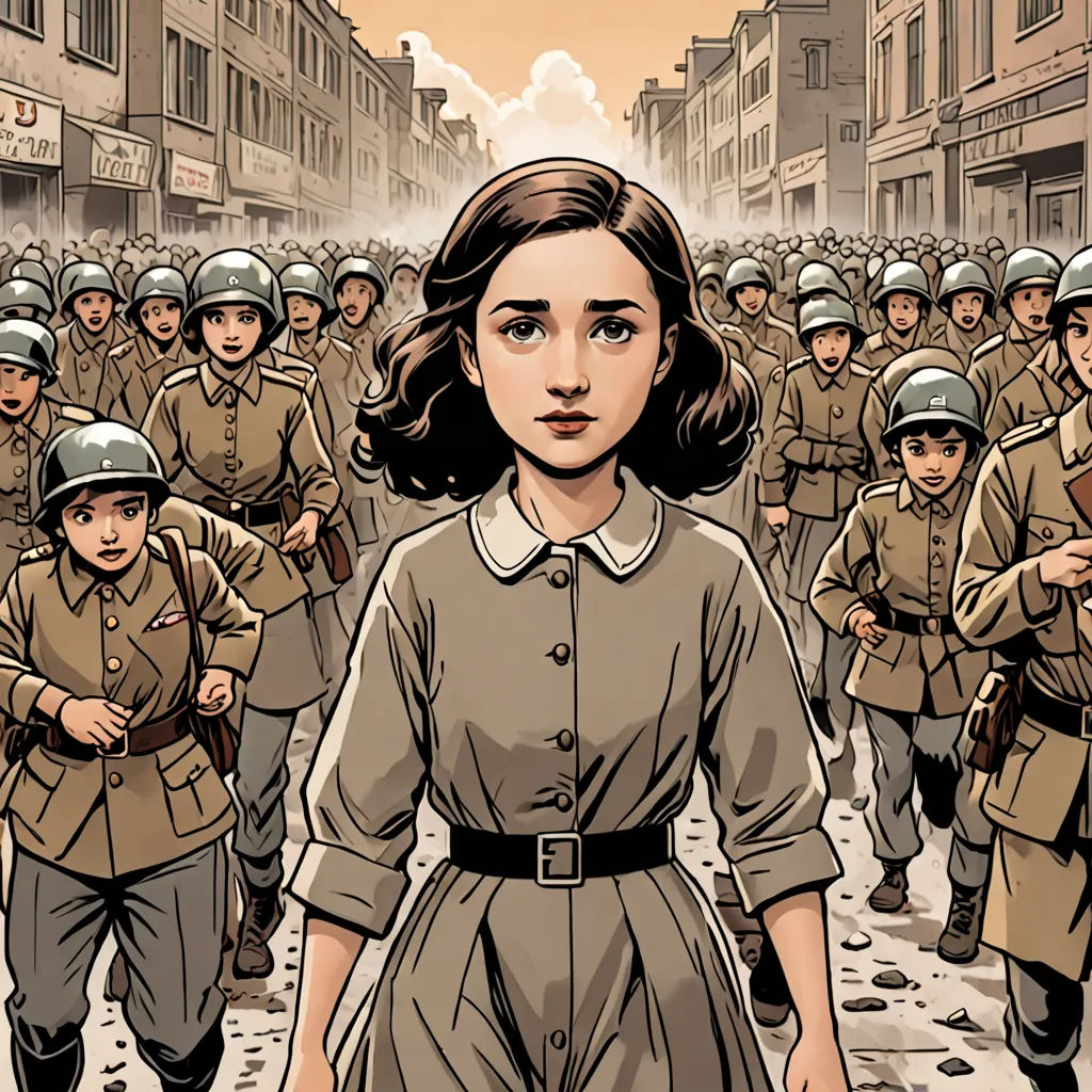 a woman in a dress and uniform walking down a street with a group of soldiers behind her in a cartoon, process art, a comic book panel, Asaf Hanuka, graphic novel