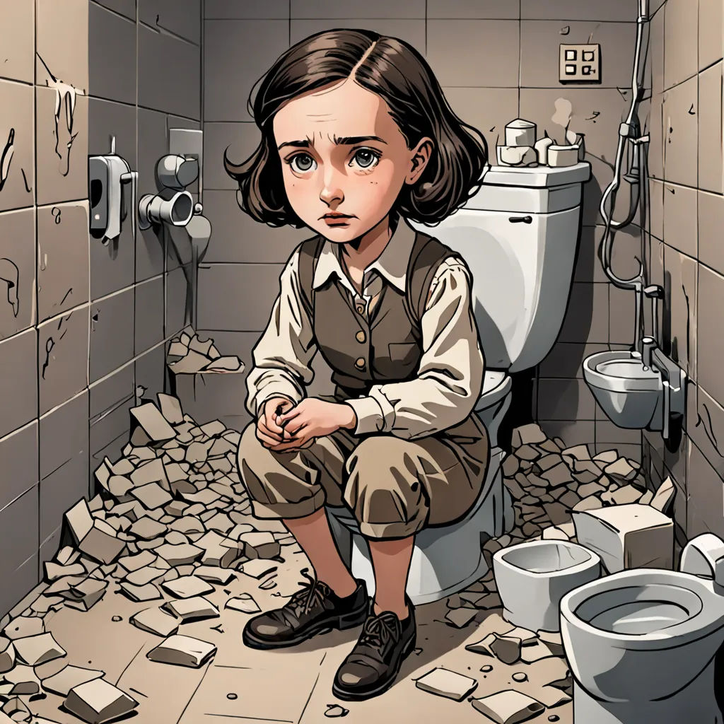 a cartoon of a girl sitting on a toilet in a bathroom with broken tiles on the floor and walls, context art, a comic book panel, Clarice Beckett, comic cover art