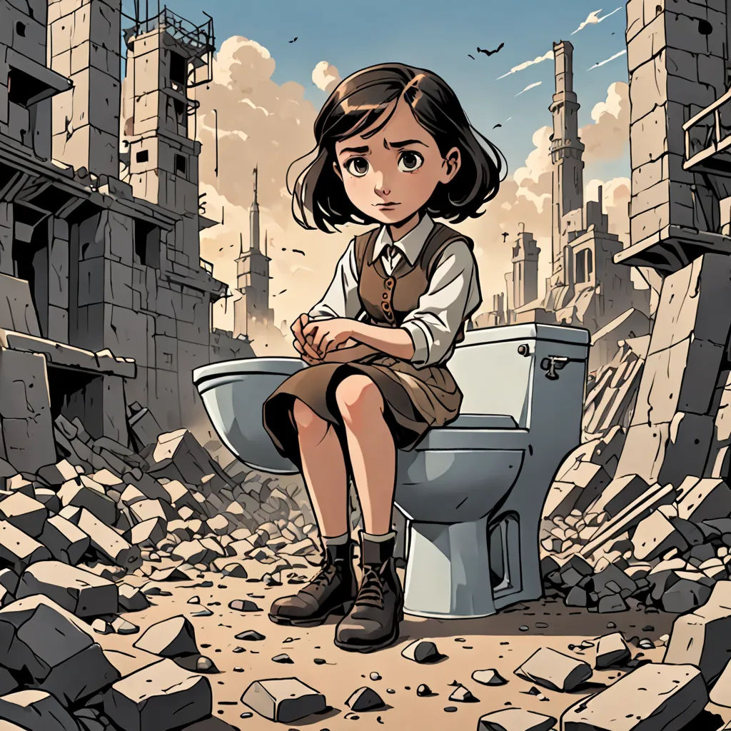 a girl sitting on a toilet in a destroyed city with rubble everywhere around her and a bird flying overhead, serial art, a character portrait, Asaf Hanuka, comic cover art