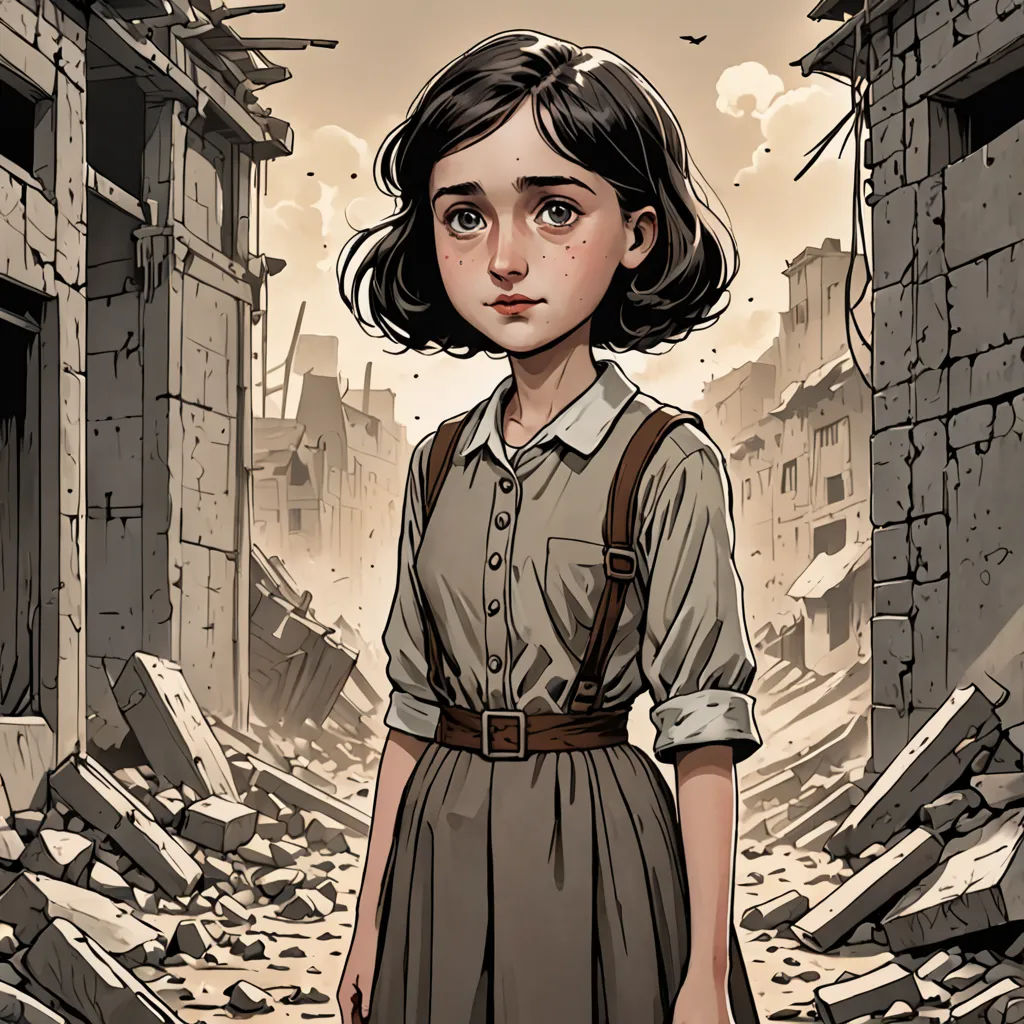 a girl in a dress standing in a destroyed building with a bird flying overhead in the background, with a bird flying overhead, serial art, a comic book panel, Elinor Proby Adams, official art