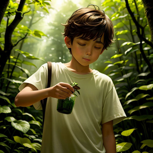 a boy holding a plant in a forest with sunlight coming through the trees and leaves on the ground and a green bottle in his hand