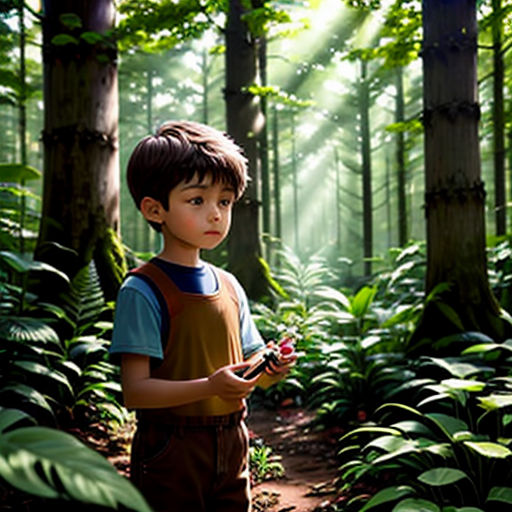 a boy standing in the middle of a forest holding a cell phone in his hand and looking at the camera