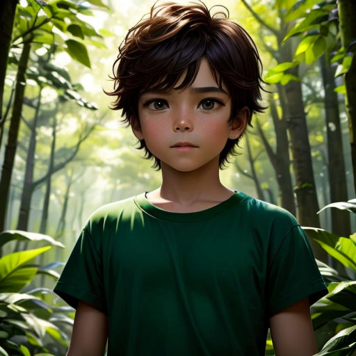 a boy in a green shirt standing in a forest with trees and plants behind him, looking at the camera