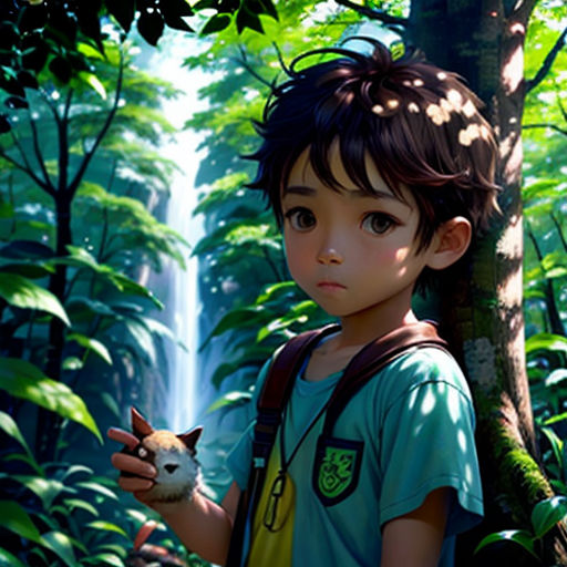 a boy holding a cat in a forest with a waterfall in the background and a forest scene in the foreground