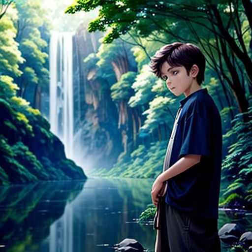 a boy standing in front of a waterfall with a cane in his hand and a dog in his hand