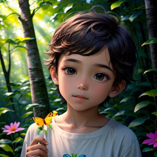 a young boy holding a butterfly in a forest of flowers and trees, with a forest background, and a sunlit forest