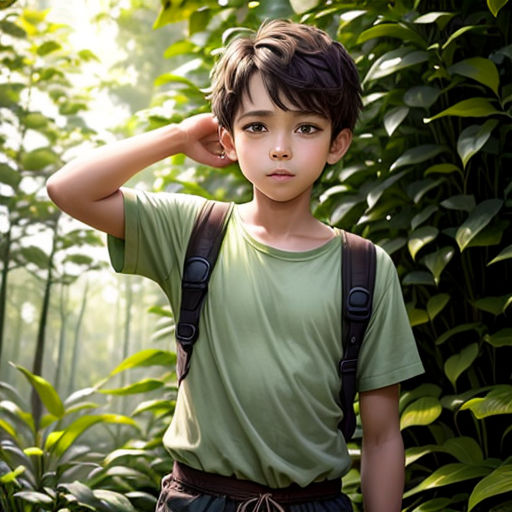 a boy in a green shirt and a backpack in a forest with trees and bushes behind him and a bush