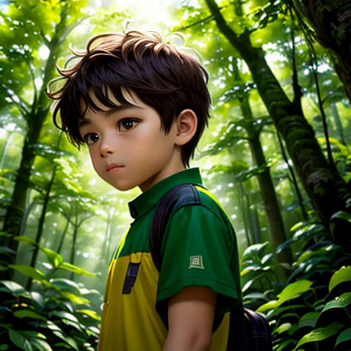 a boy in a green shirt standing in a forest with a backpack on his back and a backpack on his shoulder