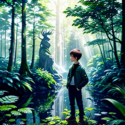 a boy standing in the middle of a forest with a deer in the background and a forest scene in the foreground