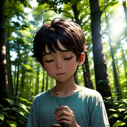a young boy standing in a forest holding a umbrella and looking down at the ground with his eyes closed