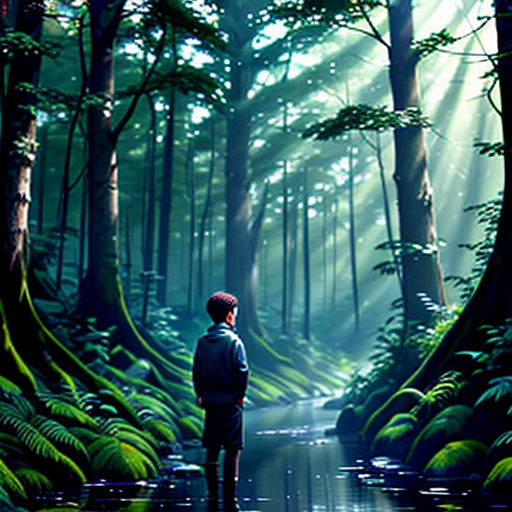 a man standing in the middle of a forest looking at the sun shining through the trees and water on a sunny day