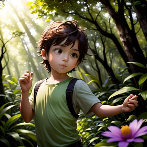 a young boy is standing in the woods with a backpack on his shoulder and a purple flower in his hand