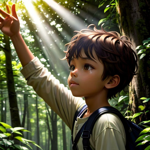 a boy in a forest reaching up to the sun with his hand and a backpack on his shoulder, with sunlight streaming through the trees