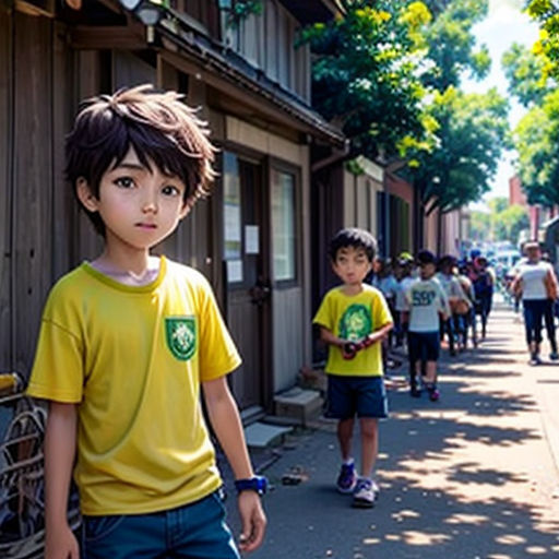 a group of children standing on a sidewalk next to a building with a bicycle parked on the side of it