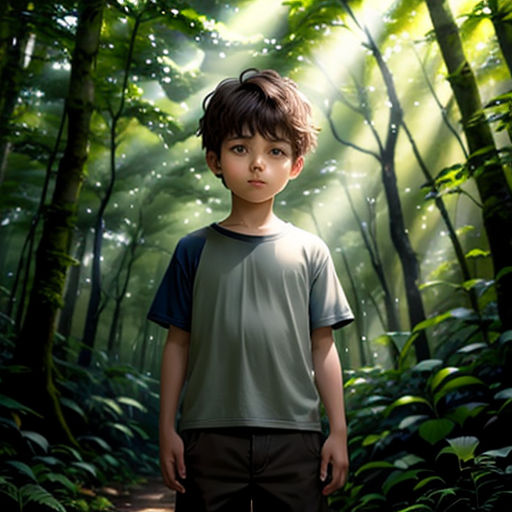 a boy standing in the middle of a forest with a light shining through the trees on his face and a trail in the background