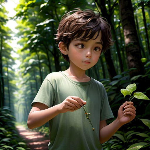 a boy holding a plant in a forest with a path in the background and trees in the foreground