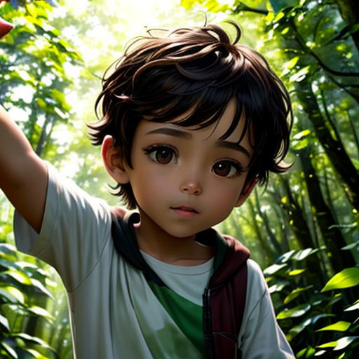 a boy in a forest holding a red frisbee in his hand and pointing to the sky with his right hand