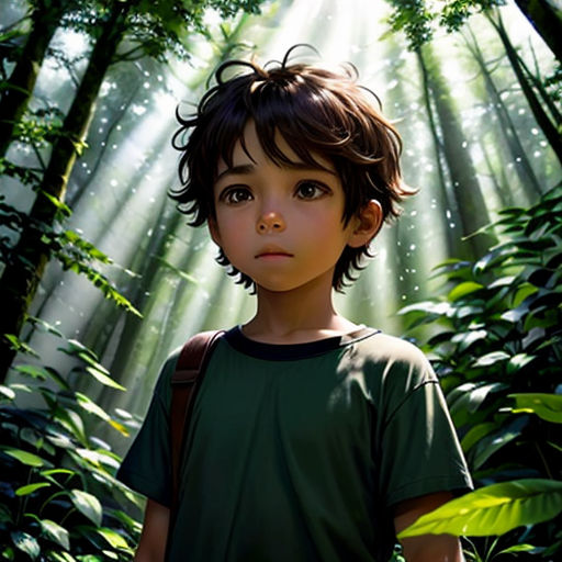 a boy standing in the middle of a forest with sunlight streaming through the trees and leaves on the ground