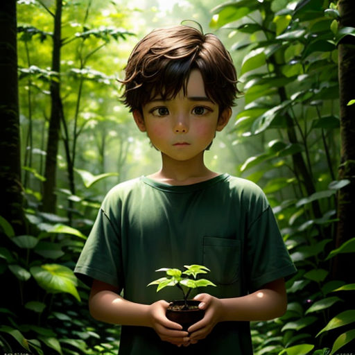 a boy holding a plant in a forest with sunlight streaming through the trees behind him and a green shirt on