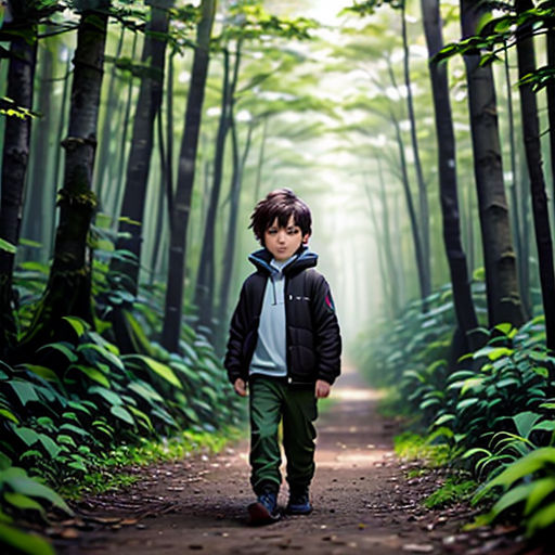 a young boy walking down a path in the woods with a forest background and a light coming through the trees