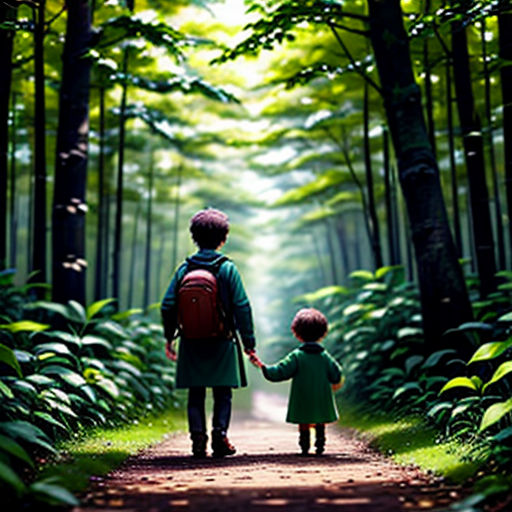 a man and a child walking down a path in the woods holding hands and looking at the trees and grass