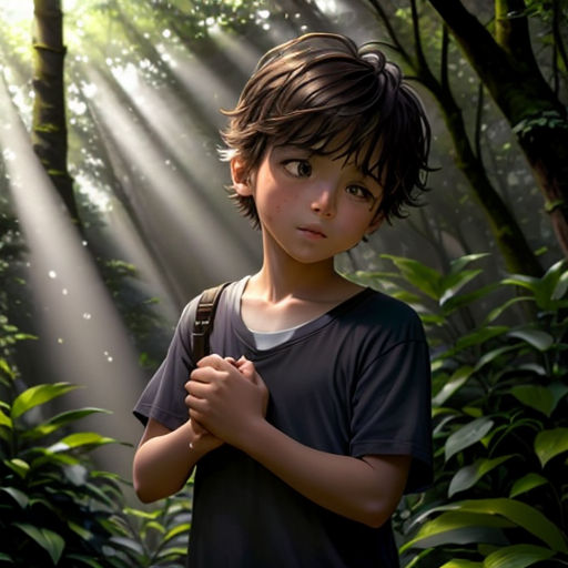 a boy standing in the woods with a backpack on his shoulder and sunlight streaming through the trees behind him