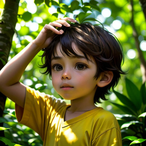a young boy standing in a forest holding his head up to his head with his hands on his head