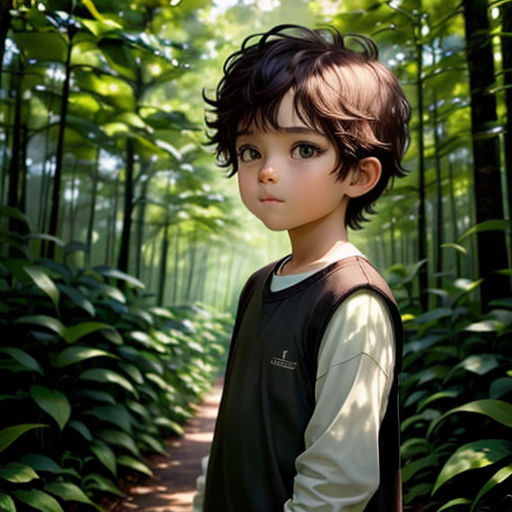 a young boy standing in a forest with a forest background and trees in the background, with a path leading to the forest