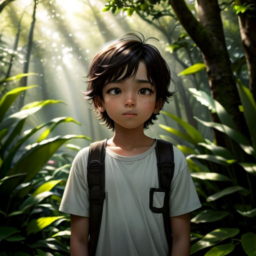 a boy with a backpack standing in a forest with sunlight streaming through the trees and leaves on the ground