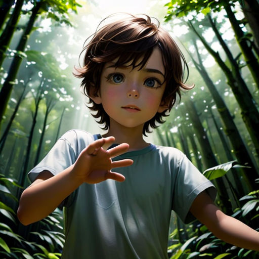 a boy in a forest with his hands out to the side of him, with sunlight streaming through the trees
